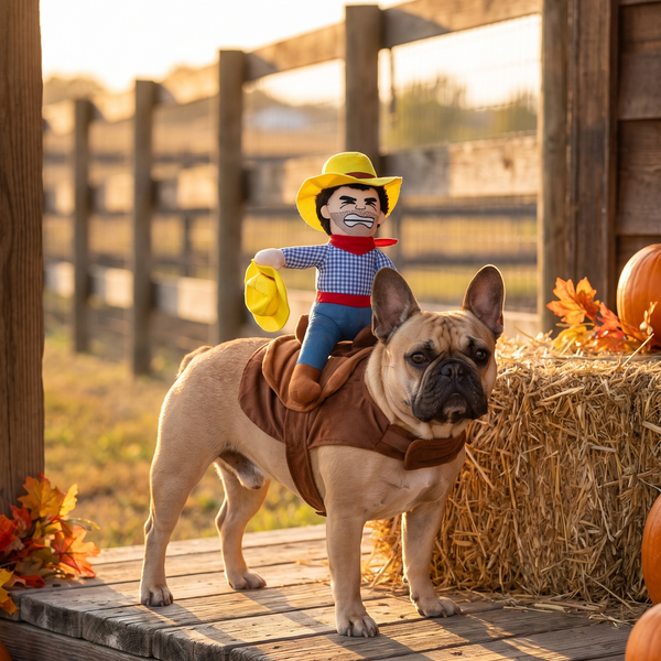 Frenchie Cowboy Rider Halloween Costume — Viral Dog-Riding Cosplay