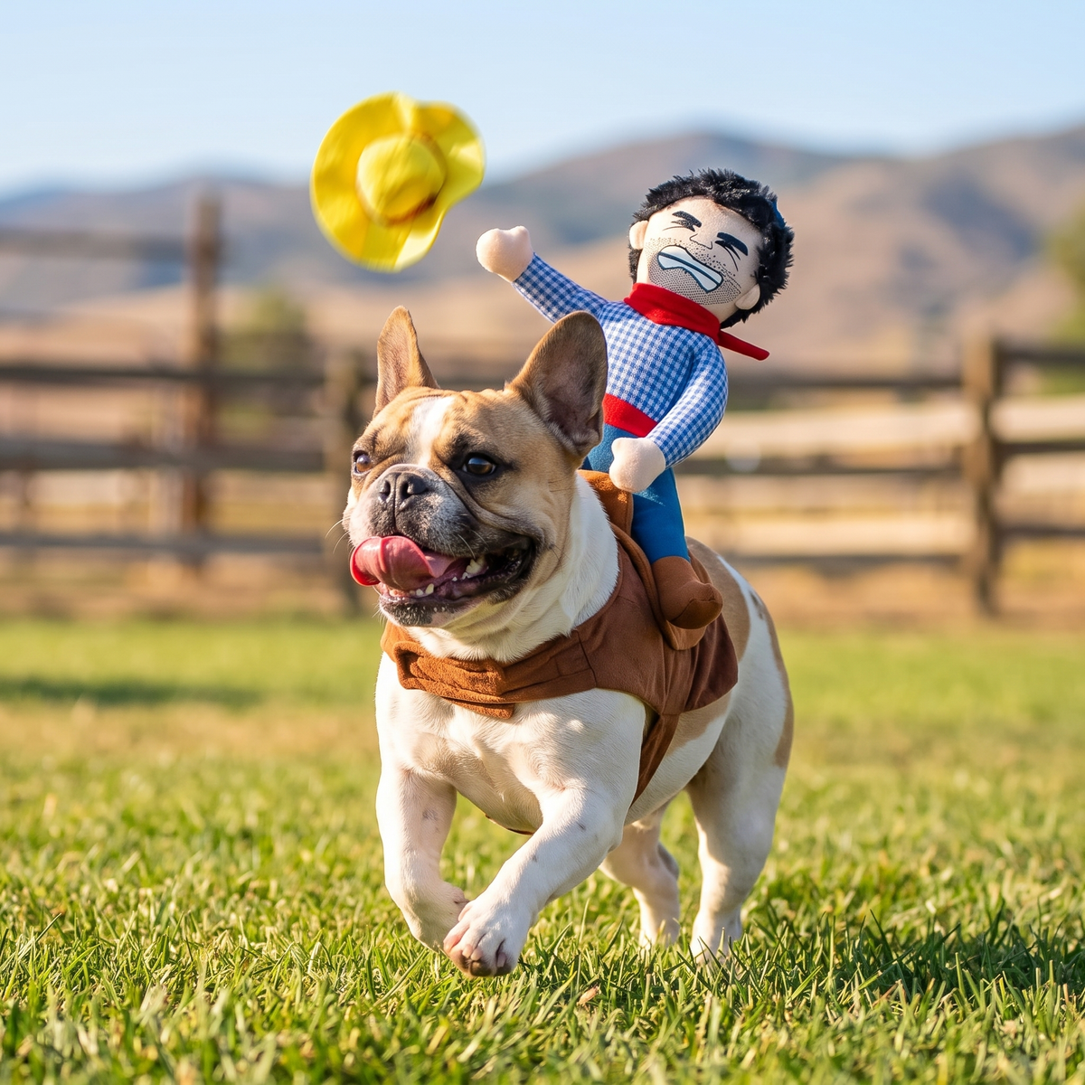 Frenchie running in cowboy rider costume
