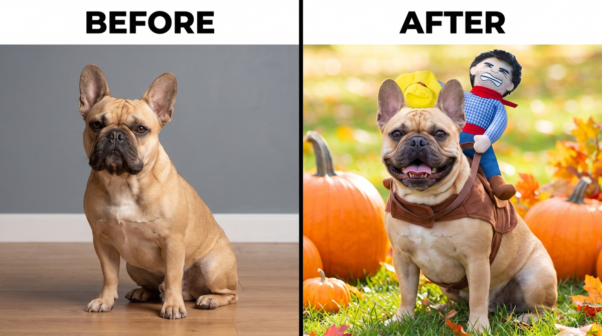 Before and after Frenchie in cowboy costume