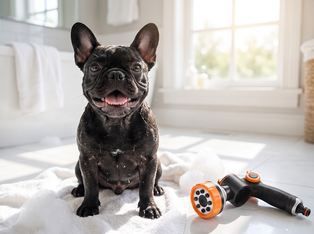 French Bulldog with the bath sprayer