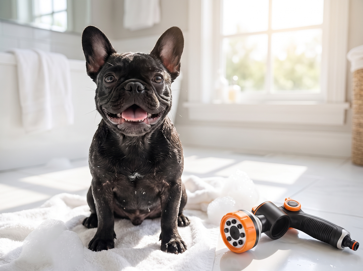 French Bulldog with the bath sprayer