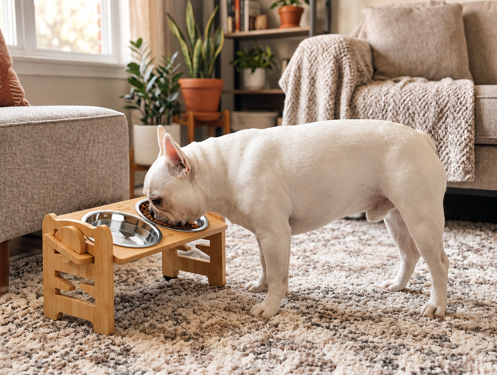 Frenchie bamboo tilted elevated feeder