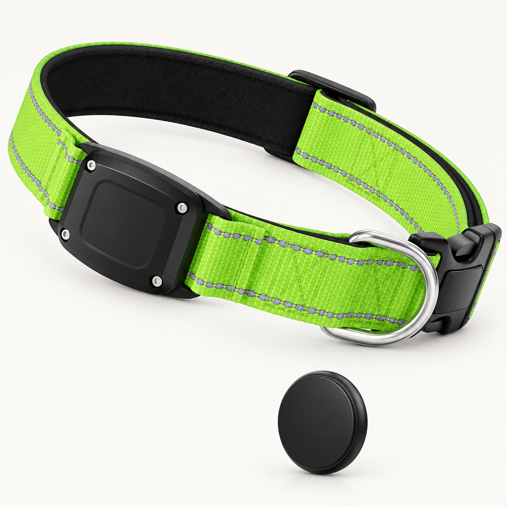 Green reflective Find My dog collar with tracker module