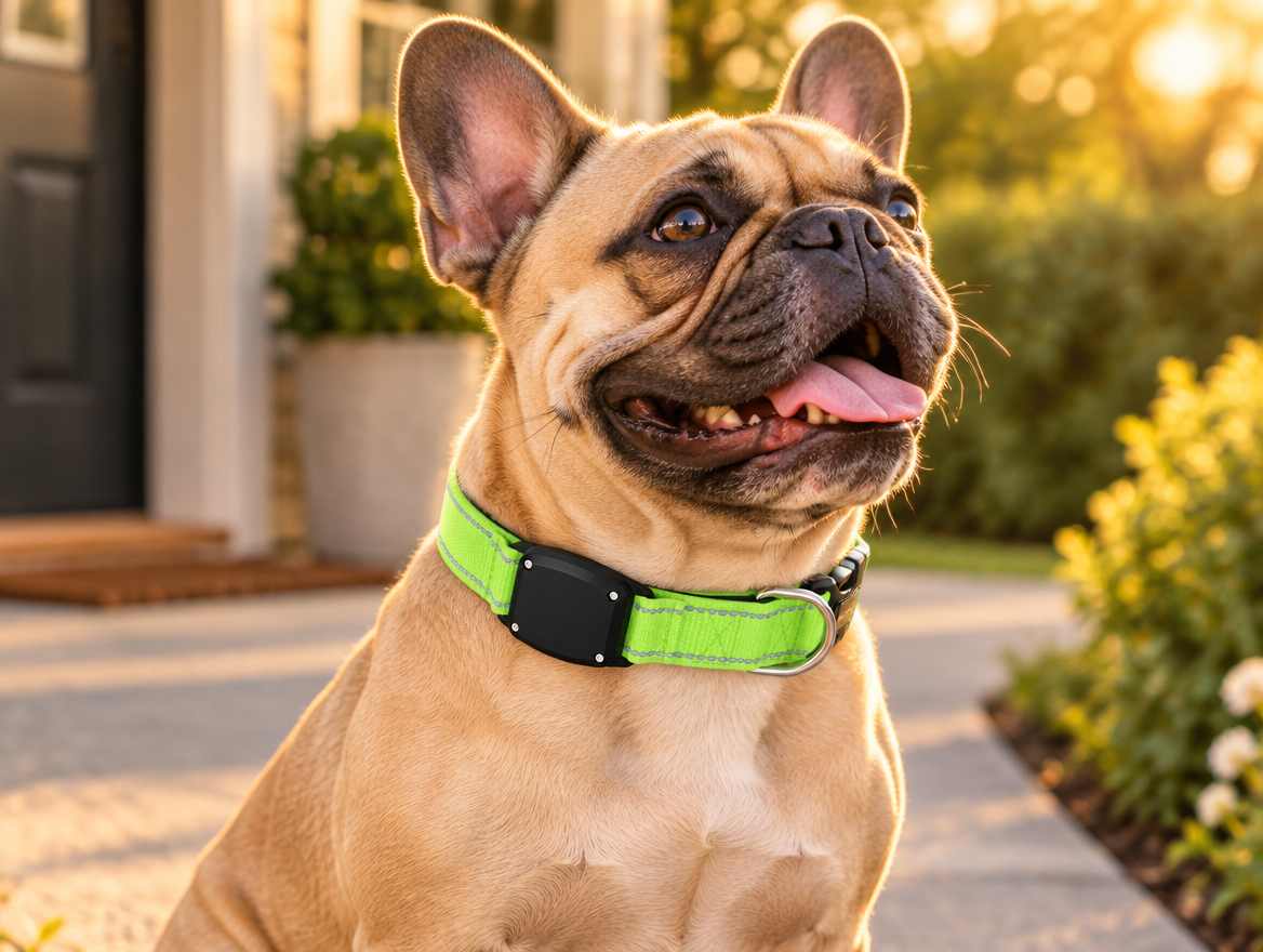 French Bulldog wearing green reflective Find My tracker collar