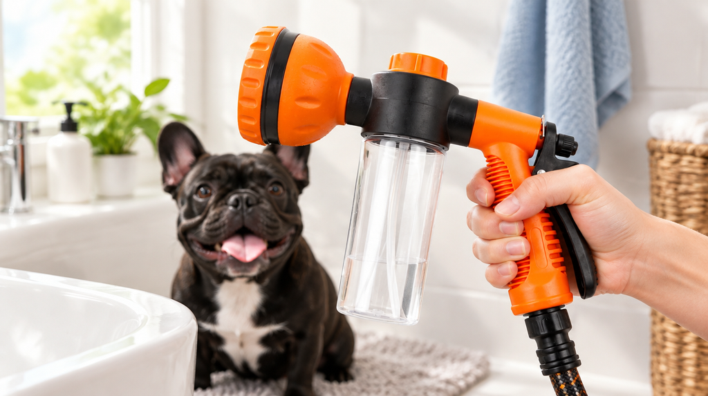 Washing a French Bulldog with the bath sprayer