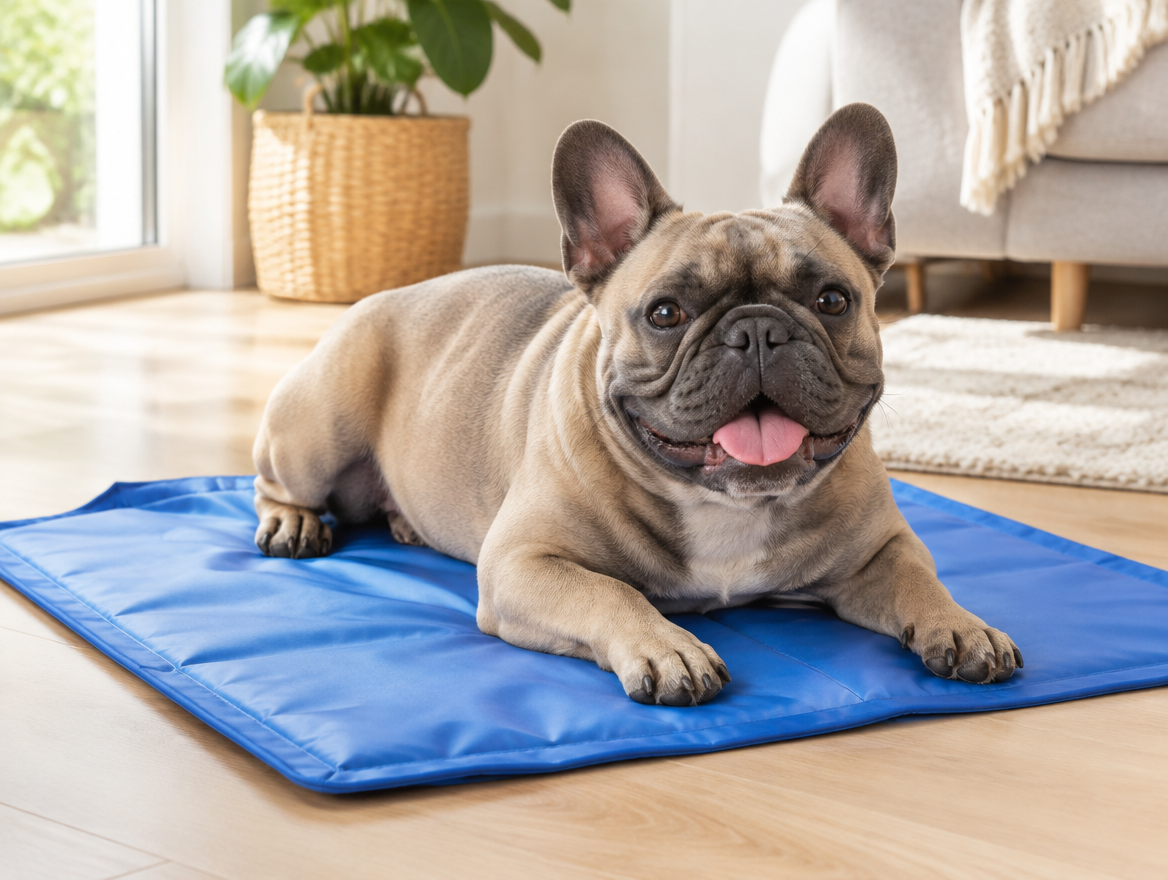 French Bulldog relaxing on the cooling gel mat