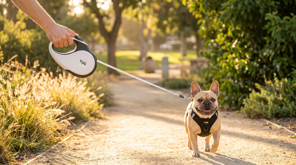 French Bulldog walking on a retractable leash at the park