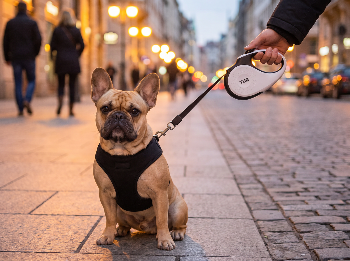 French Bulldog sitting beside owner with the leash locked short